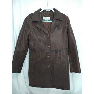 Comint Leather Button Up Jacket Coat Size L Chocolate Brown Pockets Classic